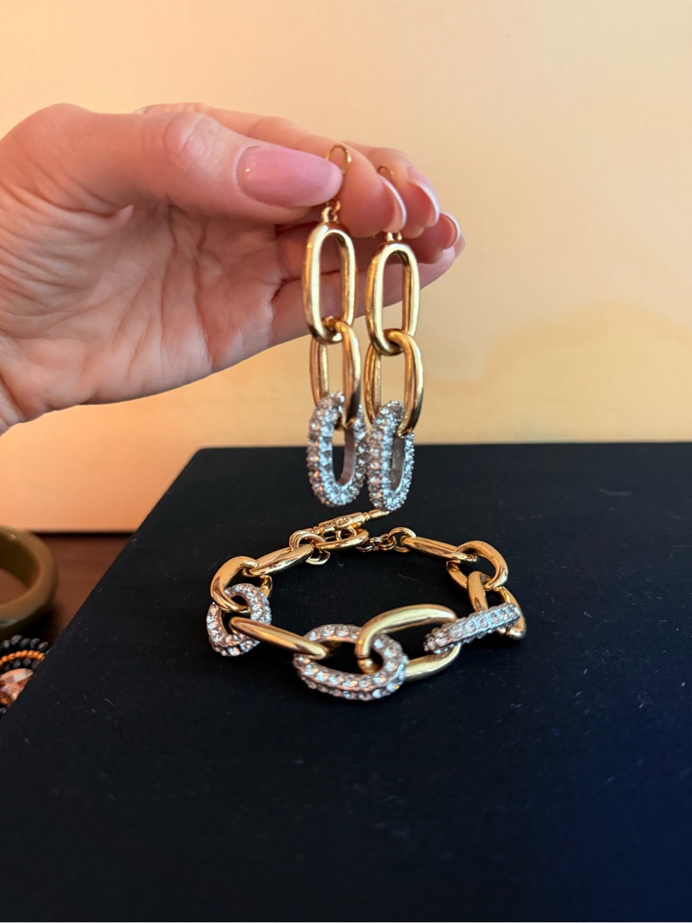 Gold-Tone Pave Link Bracelet and Drop Earrings Set